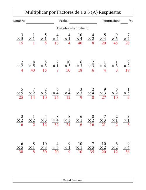 La hoja de ejercicios de Multiplicar (Factores de 1 a 10) por Factores de 1 a 5 (50 Preguntas) (A) Página 2