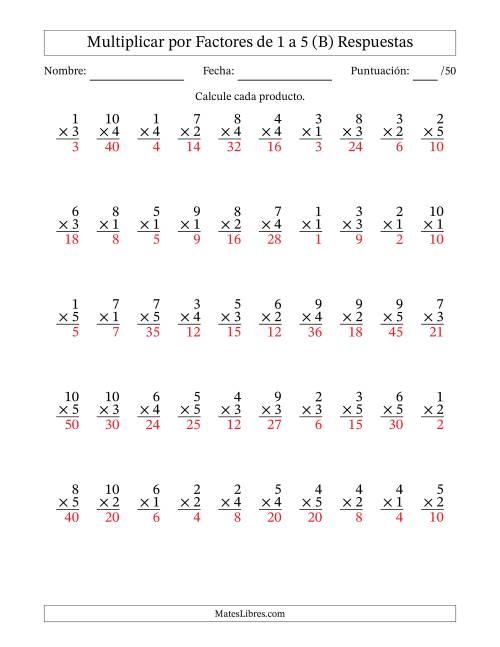 La hoja de ejercicios de Multiplicar (Factores de 1 a 10) por Factores de 1 a 5 (50 Preguntas) (B) Página 2