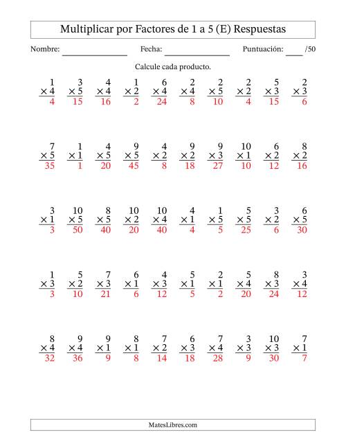 La hoja de ejercicios de Multiplicar (Factores de 1 a 10) por Factores de 1 a 5 (50 Preguntas) (E) Página 2