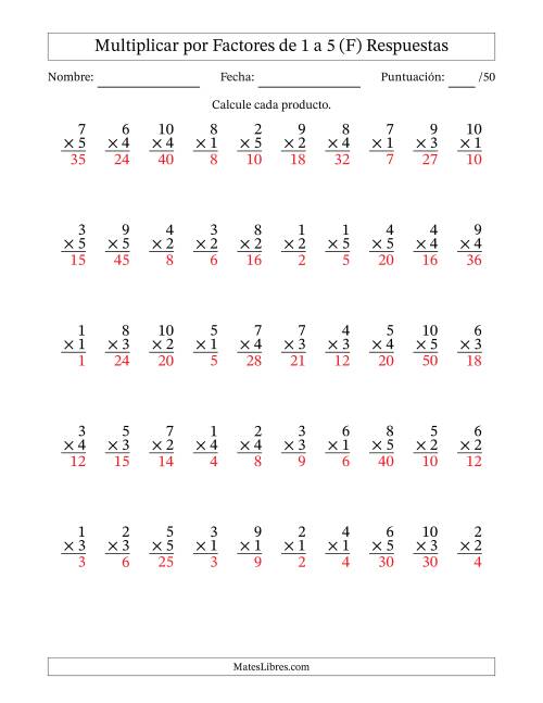 La hoja de ejercicios de Multiplicar (Factores de 1 a 10) por Factores de 1 a 5 (50 Preguntas) (F) Página 2