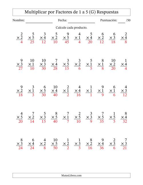 La hoja de ejercicios de Multiplicar (Factores de 1 a 10) por Factores de 1 a 5 (50 Preguntas) (G) Página 2