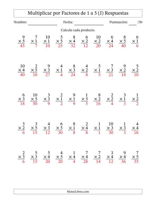 La hoja de ejercicios de Multiplicar (Factores de 1 a 10) por Factores de 1 a 5 (50 Preguntas) (J) Página 2
