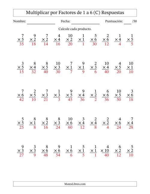 La hoja de ejercicios de Multiplicar (Factores de 1 a 10) por Factores de 1 a 6 (50 Preguntas) (C) Página 2