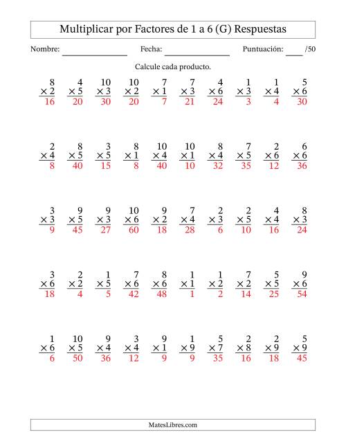 La hoja de ejercicios de Multiplicar (Factores de 1 a 10) por Factores de 1 a 6 (50 Preguntas) (G) Página 2