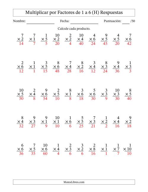 La hoja de ejercicios de Multiplicar (Factores de 1 a 10) por Factores de 1 a 6 (50 Preguntas) (H) Página 2