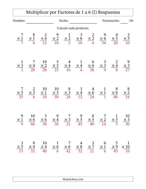 La hoja de ejercicios de Multiplicar (Factores de 1 a 10) por Factores de 1 a 6 (50 Preguntas) (I) Página 2