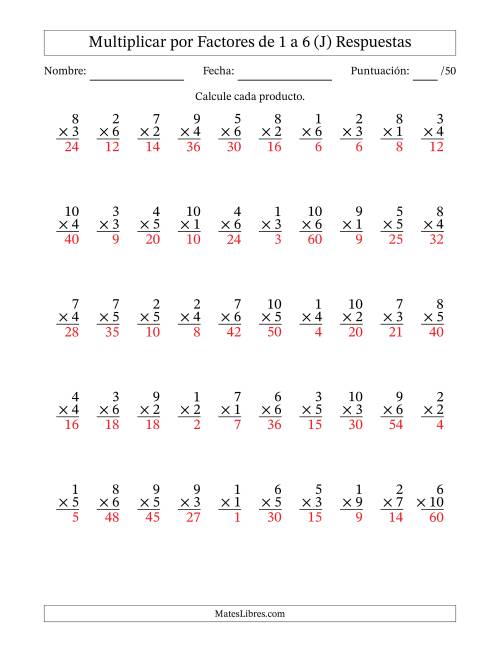 La hoja de ejercicios de Multiplicar (Factores de 1 a 10) por Factores de 1 a 6 (50 Preguntas) (J) Página 2