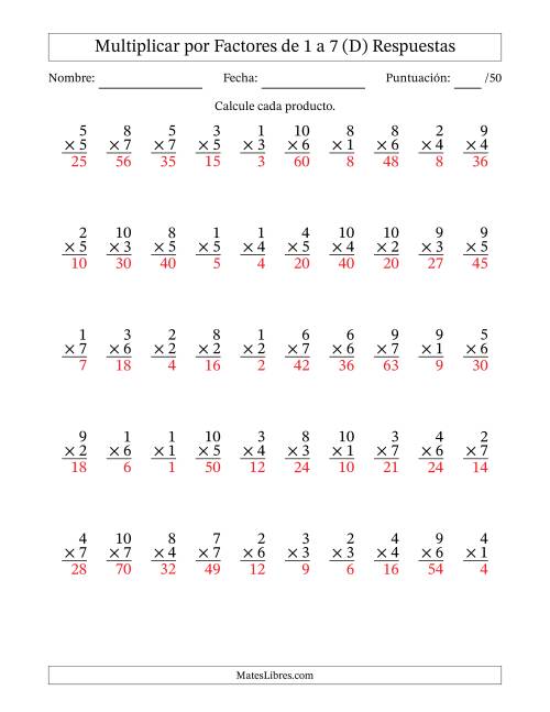 La hoja de ejercicios de Multiplicar (Factores de 1 a 10) por Factores de 1 a 7 (50 Preguntas) (D) Página 2