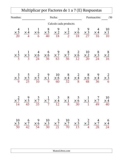 La hoja de ejercicios de Multiplicar (Factores de 1 a 10) por Factores de 1 a 7 (50 Preguntas) (E) Página 2