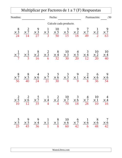La hoja de ejercicios de Multiplicar (Factores de 1 a 10) por Factores de 1 a 7 (50 Preguntas) (F) Página 2