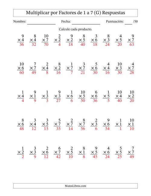 La hoja de ejercicios de Multiplicar (Factores de 1 a 10) por Factores de 1 a 7 (50 Preguntas) (G) Página 2
