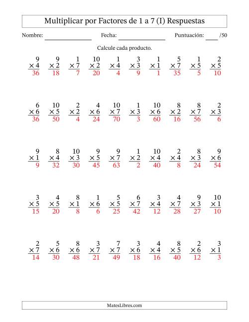 La hoja de ejercicios de Multiplicar (Factores de 1 a 10) por Factores de 1 a 7 (50 Preguntas) (I) Página 2