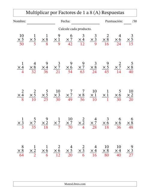 La hoja de ejercicios de Multiplicar (Factores de 1 a 10) por Factores de 1 a 8 (50 Preguntas) (A) Página 2