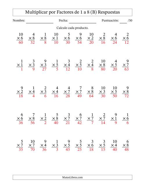 La hoja de ejercicios de Multiplicar (Factores de 1 a 10) por Factores de 1 a 8 (50 Preguntas) (B) Página 2
