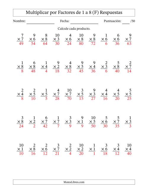 La hoja de ejercicios de Multiplicar (Factores de 1 a 10) por Factores de 1 a 8 (50 Preguntas) (F) Página 2