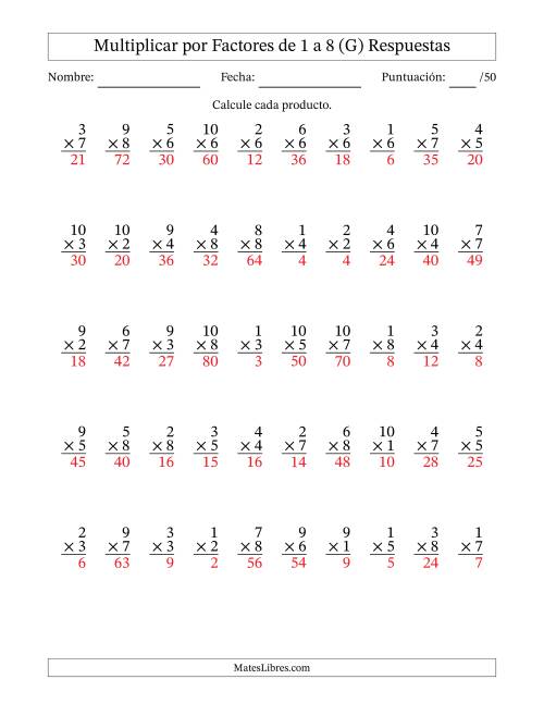 La hoja de ejercicios de Multiplicar (Factores de 1 a 10) por Factores de 1 a 8 (50 Preguntas) (G) Página 2