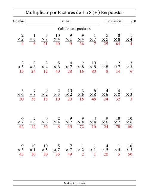 La hoja de ejercicios de Multiplicar (Factores de 1 a 10) por Factores de 1 a 8 (50 Preguntas) (H) Página 2