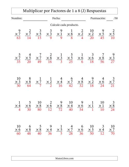 La hoja de ejercicios de Multiplicar (Factores de 1 a 10) por Factores de 1 a 8 (50 Preguntas) (J) Página 2