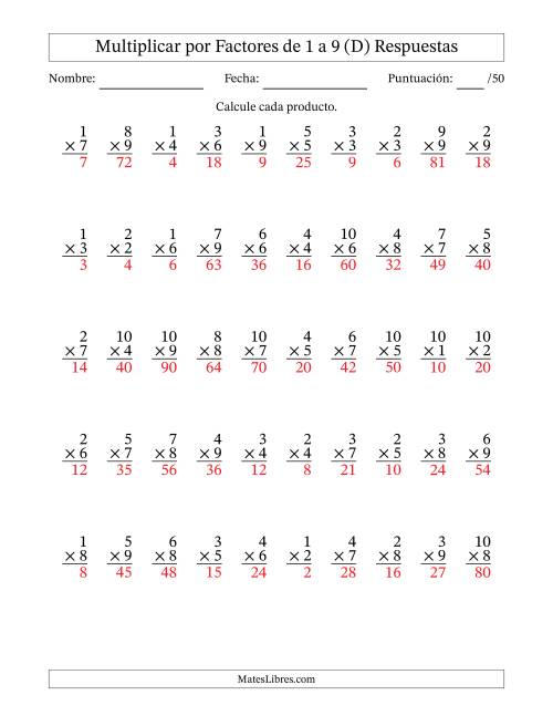 La hoja de ejercicios de Multiplicar (Factores de 1 a 10) por Factores de 1 a 9 (50 Preguntas) (D) Página 2