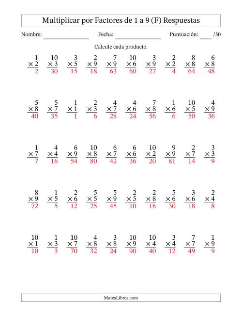 La hoja de ejercicios de Multiplicar (Factores de 1 a 10) por Factores de 1 a 9 (50 Preguntas) (F) Página 2