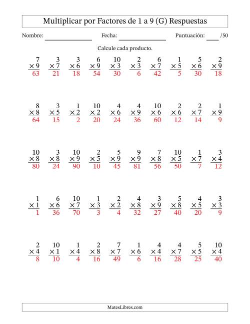 La hoja de ejercicios de Multiplicar (Factores de 1 a 10) por Factores de 1 a 9 (50 Preguntas) (G) Página 2