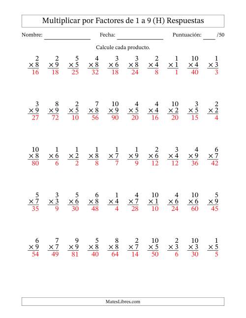 La hoja de ejercicios de Multiplicar (Factores de 1 a 10) por Factores de 1 a 9 (50 Preguntas) (H) Página 2