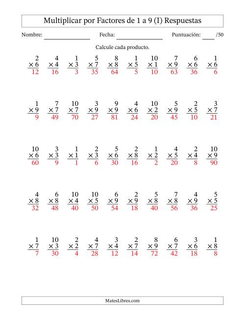 La hoja de ejercicios de Multiplicar (Factores de 1 a 10) por Factores de 1 a 9 (50 Preguntas) (I) Página 2