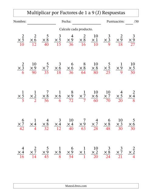 La hoja de ejercicios de Multiplicar (Factores de 1 a 10) por Factores de 1 a 9 (50 Preguntas) (J) Página 2