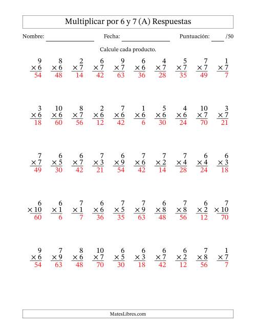 La hoja de ejercicios de Multiplicar (Factores de 1 a 10) por 6 y 7 (50 Preguntas) (A) Página 2