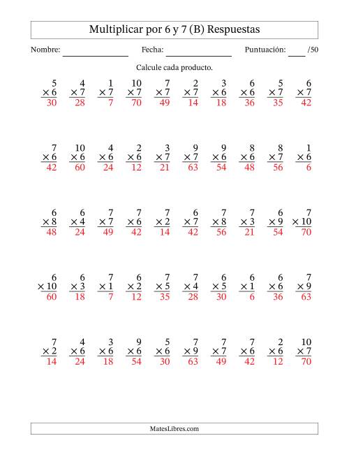 La hoja de ejercicios de Multiplicar (Factores de 1 a 10) por 6 y 7 (50 Preguntas) (B) Página 2