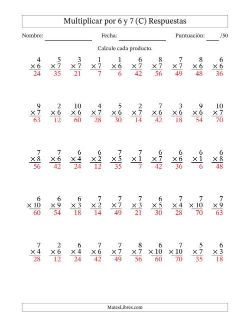 La hoja de ejercicios de Multiplicar (Factores de 1 a 10) por 6 y 7 (50 Preguntas) (C) Página 2