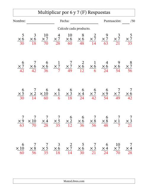 La hoja de ejercicios de Multiplicar (Factores de 1 a 10) por 6 y 7 (50 Preguntas) (F) Página 2