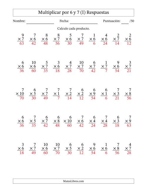 La hoja de ejercicios de Multiplicar (Factores de 1 a 10) por 6 y 7 (50 Preguntas) (I) Página 2
