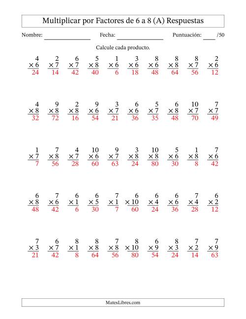 La hoja de ejercicios de Multiplicar (Factores de 1 a 10) por Factores de 6 a 8 (50 Preguntas) (A) Página 2