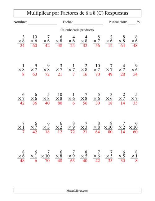 La hoja de ejercicios de Multiplicar (Factores de 1 a 10) por Factores de 6 a 8 (50 Preguntas) (C) Página 2