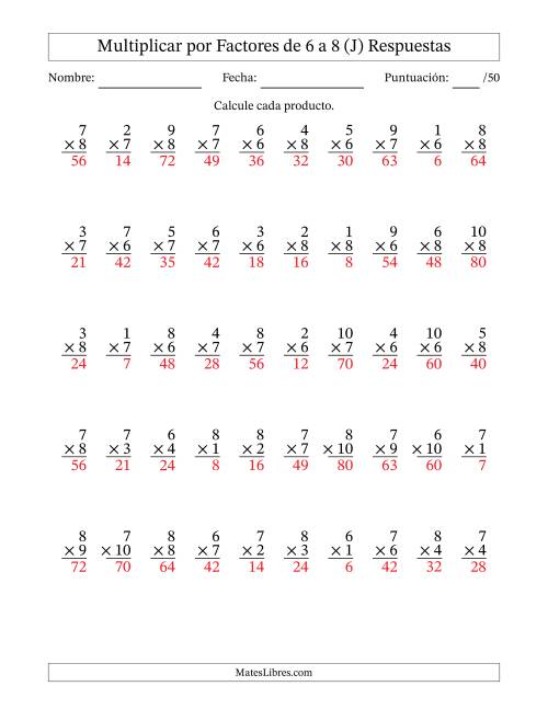 La hoja de ejercicios de Multiplicar (Factores de 1 a 10) por Factores de 6 a 8 (50 Preguntas) (J) Página 2