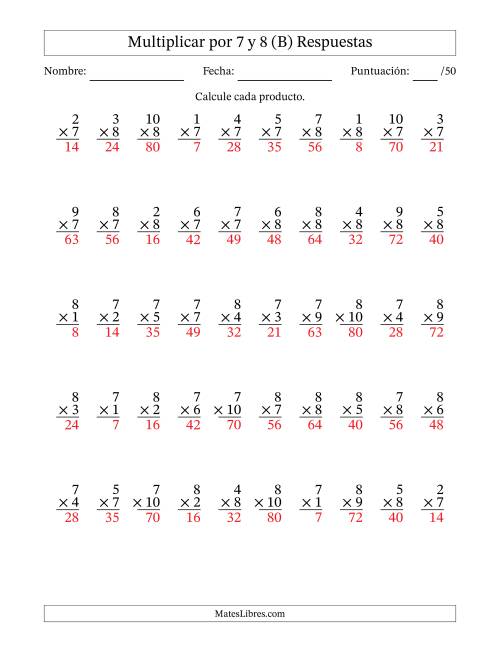 La hoja de ejercicios de Multiplicar (Factores de 1 a 10) por 7 y 8 (50 Preguntas) (B) Página 2
