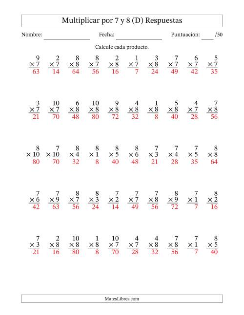 La hoja de ejercicios de Multiplicar (Factores de 1 a 10) por 7 y 8 (50 Preguntas) (D) Página 2