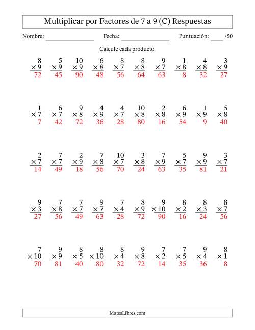 La hoja de ejercicios de Multiplicar (Factores de 1 a 10) por Factores de 7 a 9 (50 Preguntas) (C) Página 2