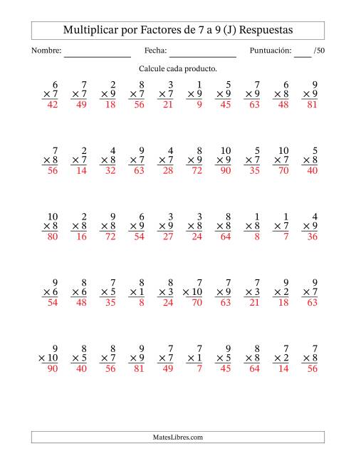 La hoja de ejercicios de Multiplicar (Factores de 1 a 10) por Factores de 7 a 9 (50 Preguntas) (J) Página 2