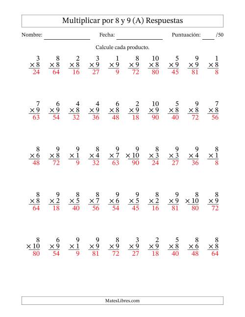 La hoja de ejercicios de Multiplicar (Factores de 1 a 10) por 8 y 9 (50 Preguntas) (A) Página 2