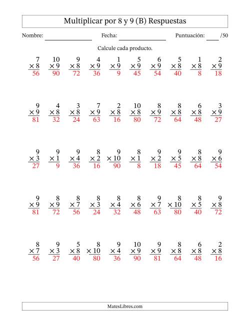 La hoja de ejercicios de Multiplicar (Factores de 1 a 10) por 8 y 9 (50 Preguntas) (B) Página 2