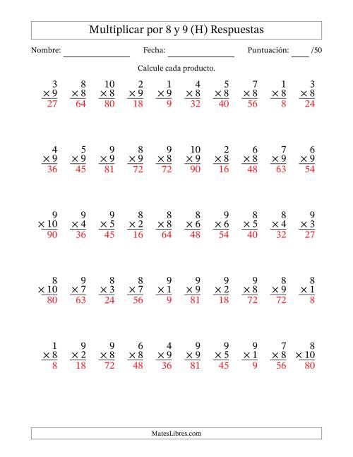 La hoja de ejercicios de Multiplicar (Factores de 1 a 10) por 8 y 9 (50 Preguntas) (H) Página 2
