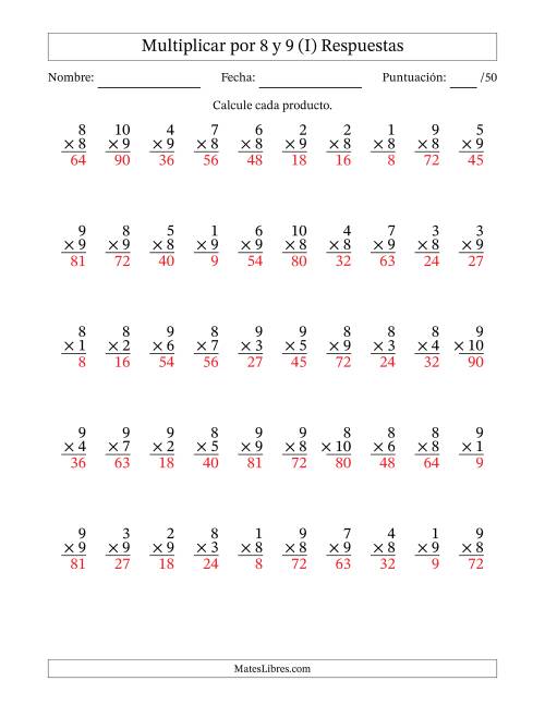 La hoja de ejercicios de Multiplicar (Factores de 1 a 10) por 8 y 9 (50 Preguntas) (I) Página 2
