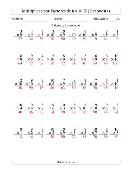 La hoja de ejercicios de Multiplicar (Factores de 1 a 10) por Factores de 8 a 10 (50 Preguntas) (B) Página 2