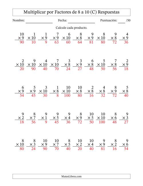 La hoja de ejercicios de Multiplicar (Factores de 1 a 10) por Factores de 8 a 10 (50 Preguntas) (C) Página 2