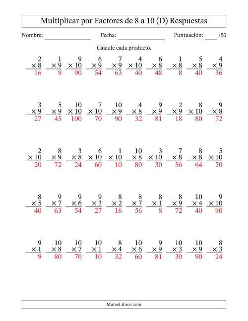 La hoja de ejercicios de Multiplicar (Factores de 1 a 10) por Factores de 8 a 10 (50 Preguntas) (D) Página 2