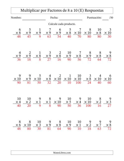 La hoja de ejercicios de Multiplicar (Factores de 1 a 10) por Factores de 8 a 10 (50 Preguntas) (E) Página 2