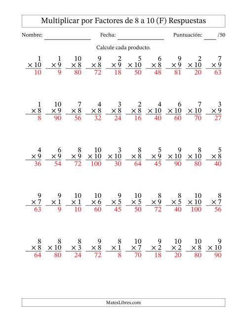 La hoja de ejercicios de Multiplicar (Factores de 1 a 10) por Factores de 8 a 10 (50 Preguntas) (F) Página 2