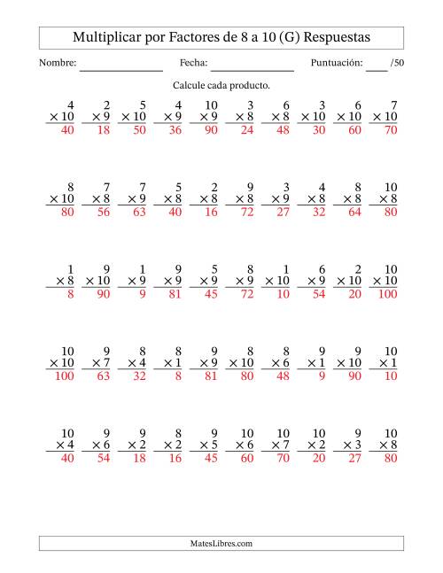 La hoja de ejercicios de Multiplicar (Factores de 1 a 10) por Factores de 8 a 10 (50 Preguntas) (G) Página 2